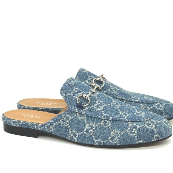 Gucci Princetown GG Monogram Denim Horsebit Flat Mule Slide Sandals Loafers - Picture 8 of 16